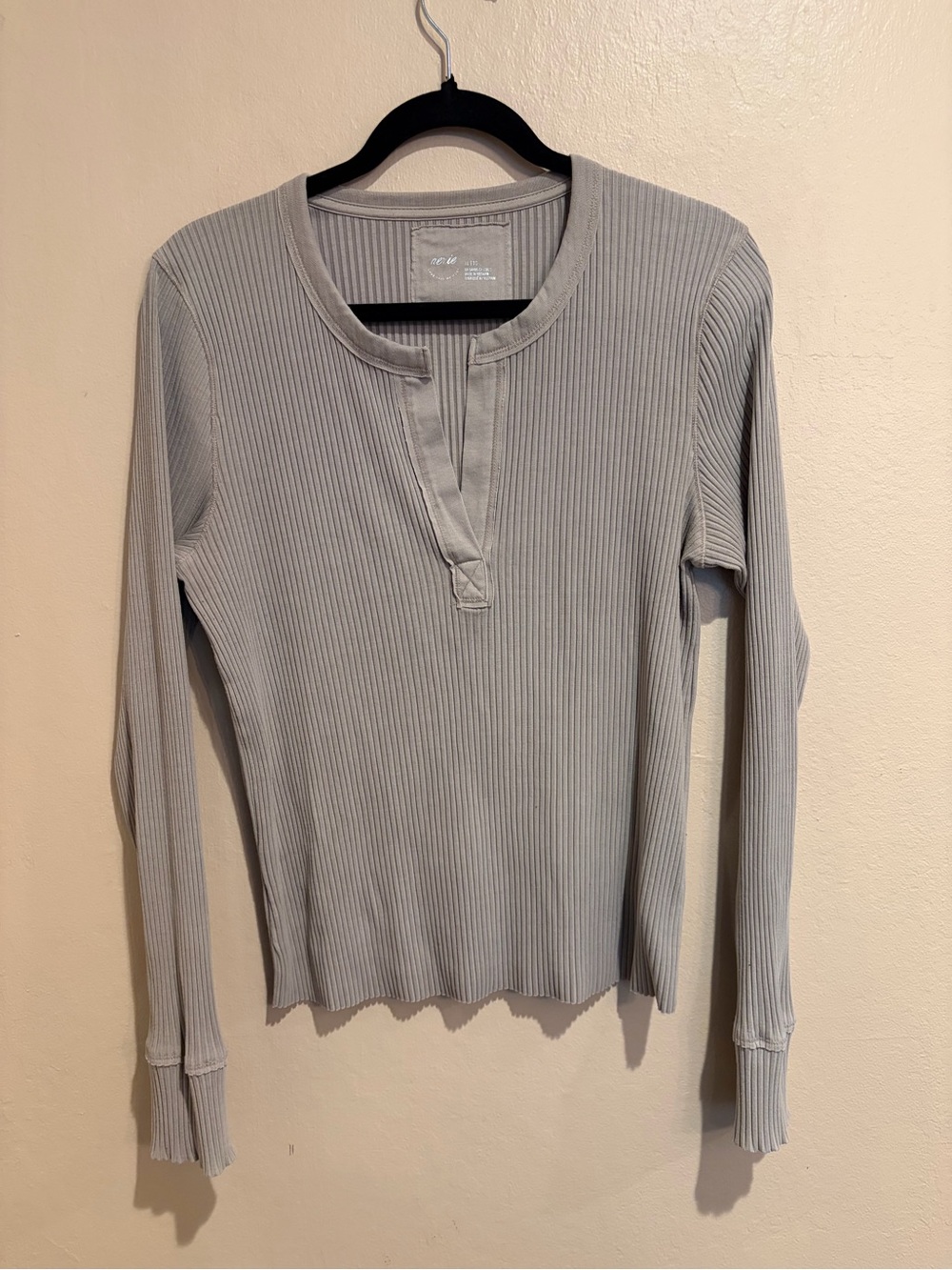 Aerie Light Grey Long Sleeve Fireside Ribbed Top, V-neck, size XL, Casual Lounge